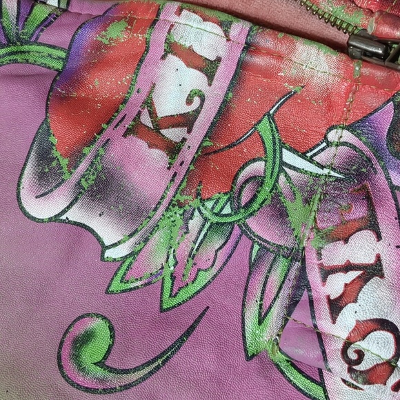 Ed Hardy by Christian Audigier Green Pink Leather Jacket hoodie Women's Medium - Picture 6 of 13